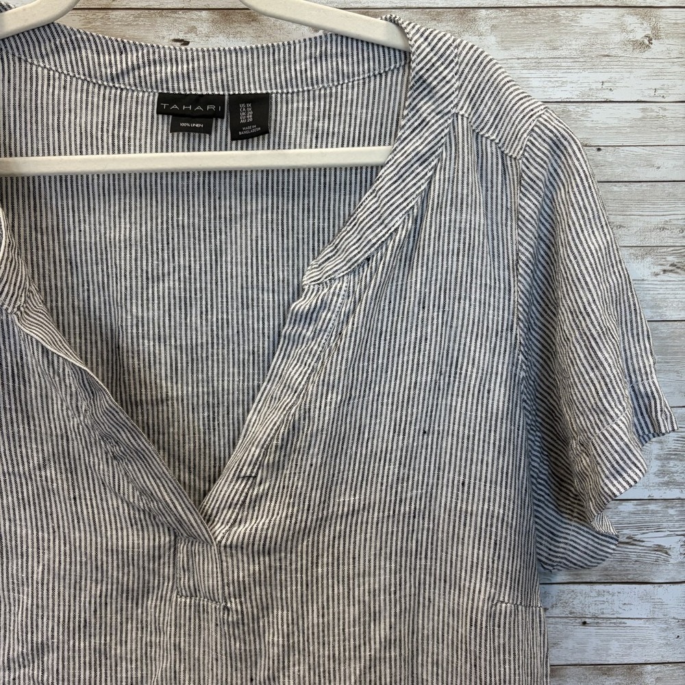 Tahari Womens 1X Shift Dress 100% Linen Short Sleeve V-Neck Blue Stripe Coastal